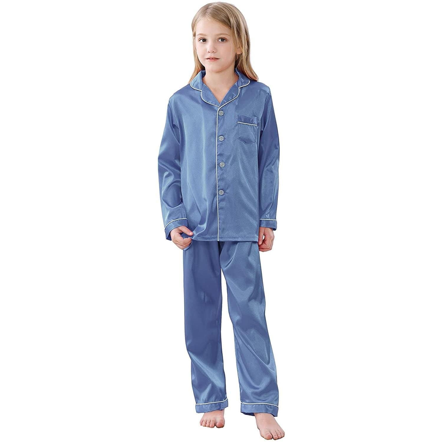Girl Silk Pajamas Set kids Silk PJS Long Sleeve Button-Down silk Sleepwear