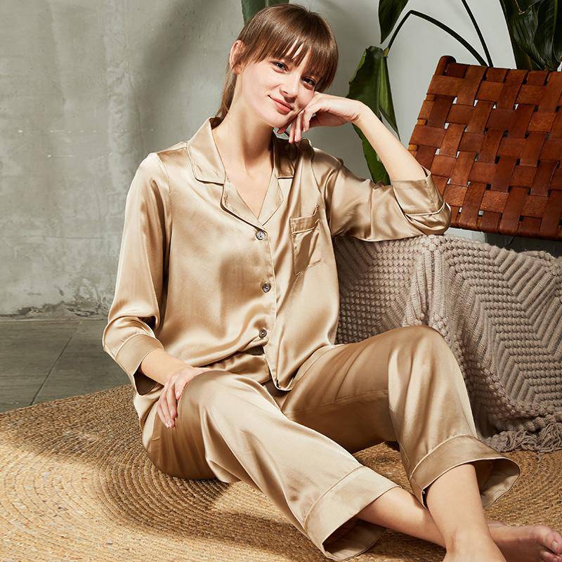 Luxury Long Pajamas Set for women Champagne Silk PJS beige Silk Sleepwear Silk Two Piece Pajamas -  slipintosoft