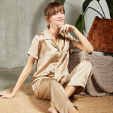 Luxury Long Pajamas Set for women Champagne Silk PJS beige Silk Sleepwear Silk Two Piece Pajamas -  slipintosoft