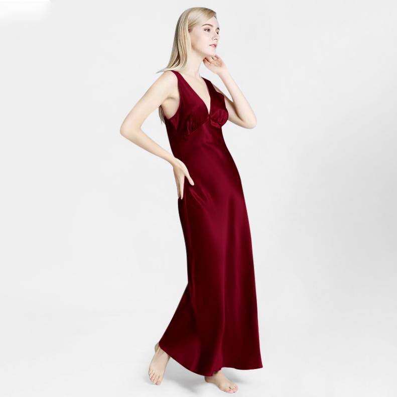 Best Long Silk Nightgown For Women With Wide Strap Deep V Neck Real Lu