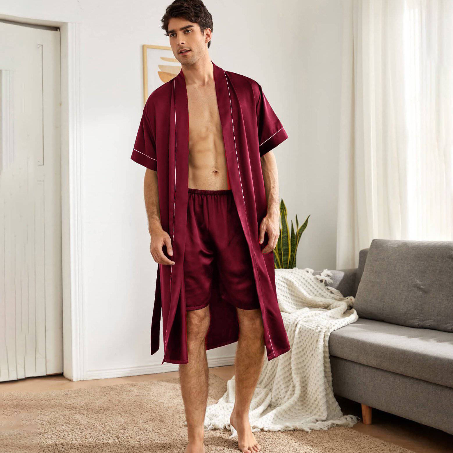 Men's Short Silk Robe Set Two Pieces Silk bathrobe Silk Kimono Robe Set  with Shorts