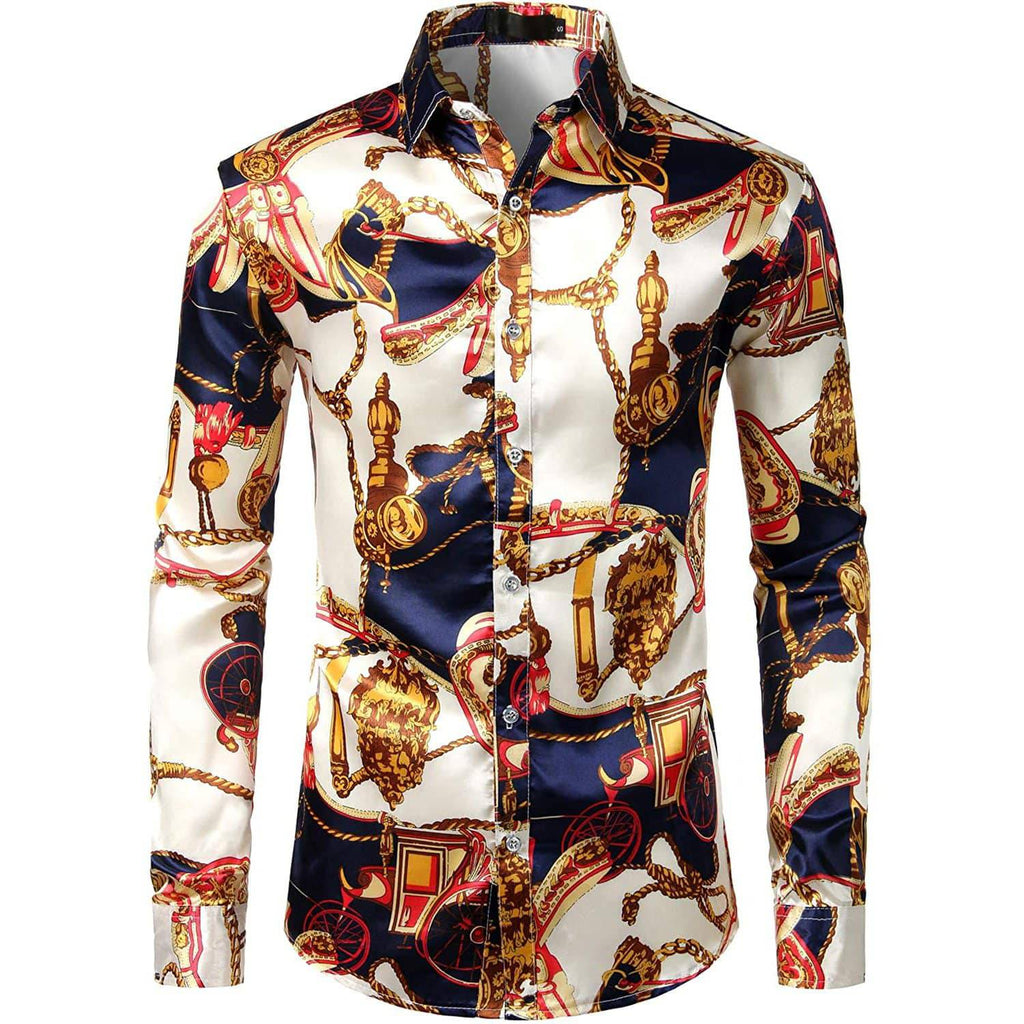 Men's Silk Dress Shirt Luxury Printed Long Sleeve Silk Shirts