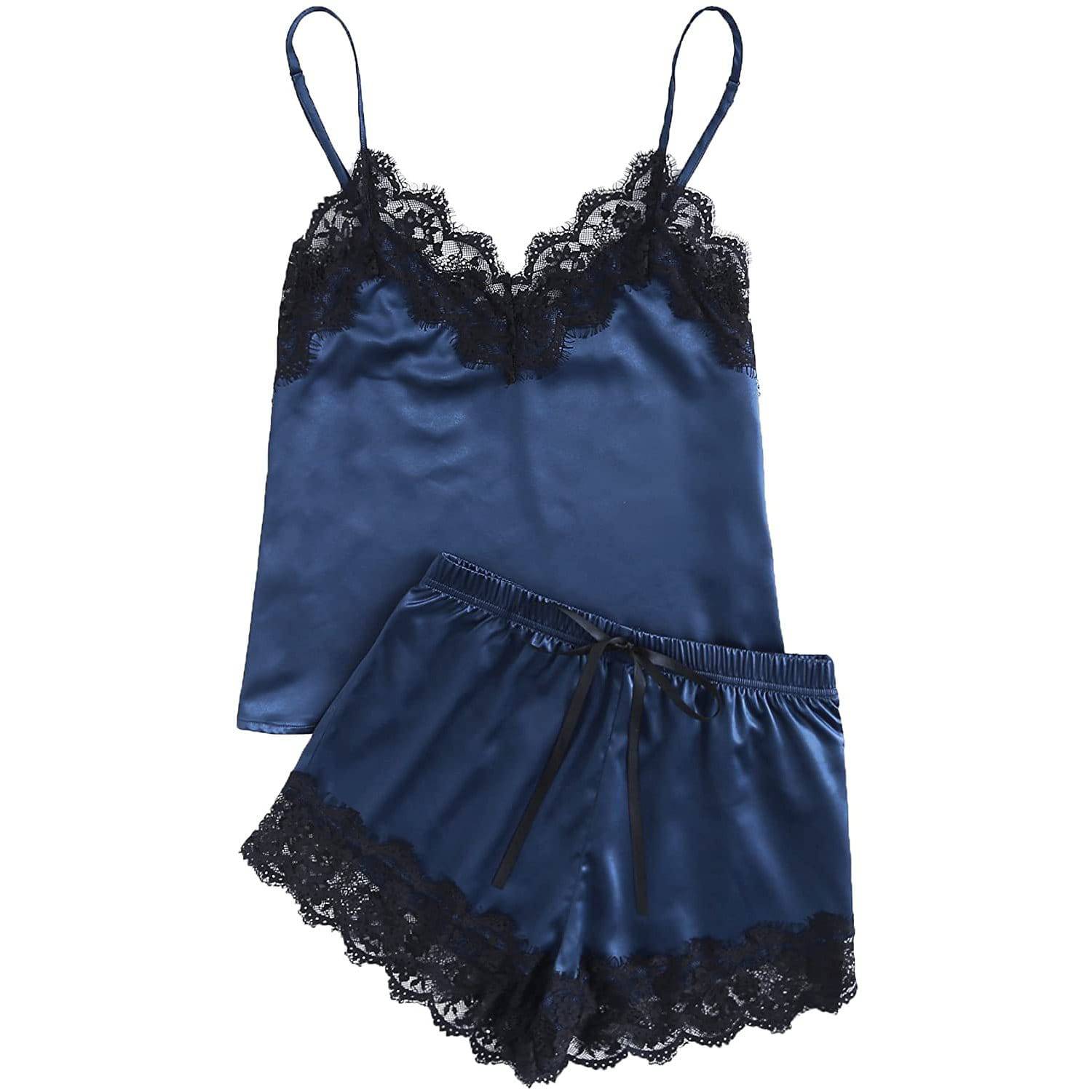 Swan Pocket Blue Silk Nightwear with Lace Trim Shorts in Top and