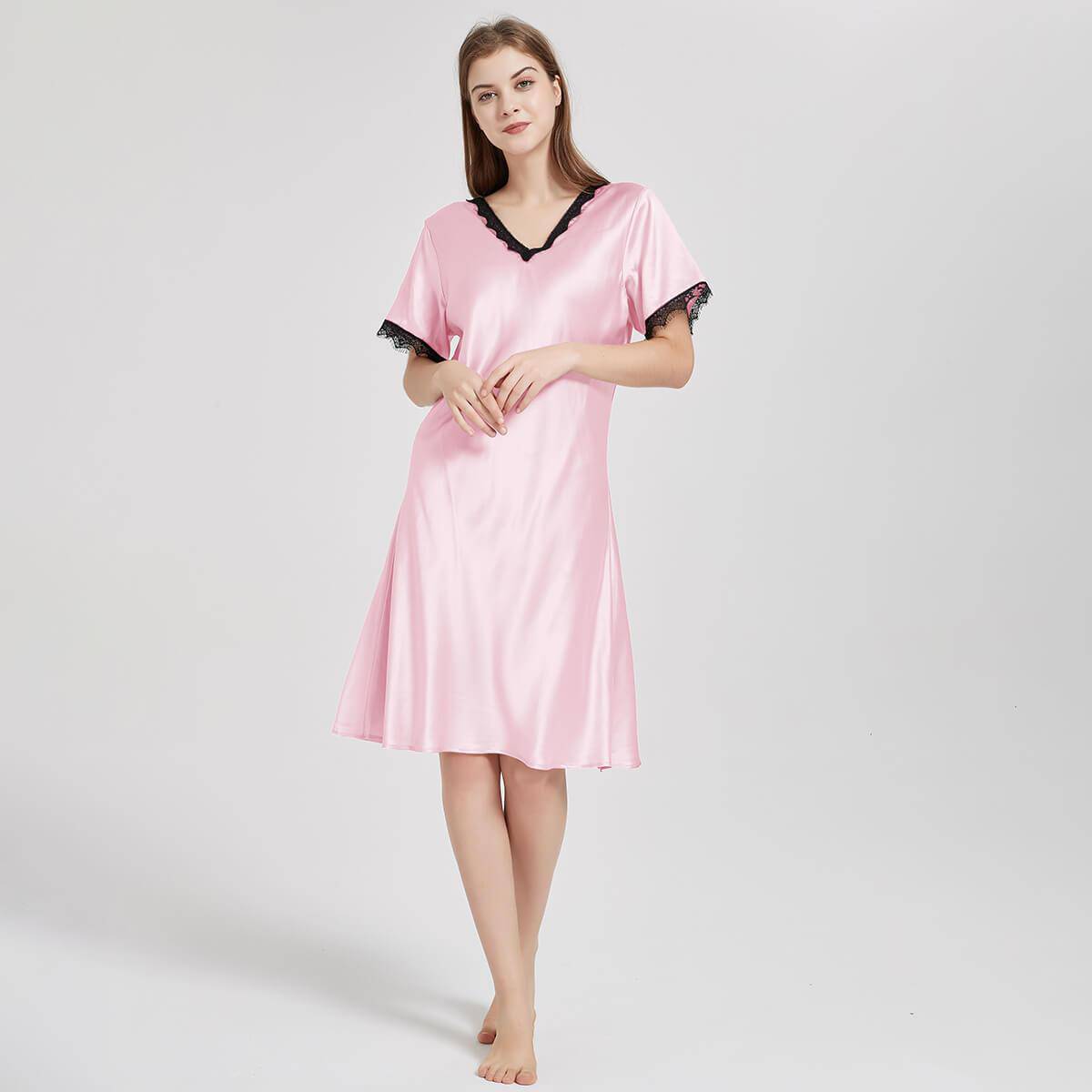 Women's Silk Nightgown with Lace Trimming Ladies' Luxury Sexy Silk Nig