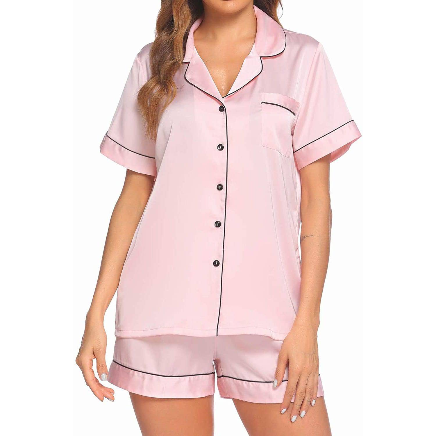 slipintosoft Women Pink Striped Silk Pajama Set Pink and White Balck and White Short Silk Pjs Pink / L
