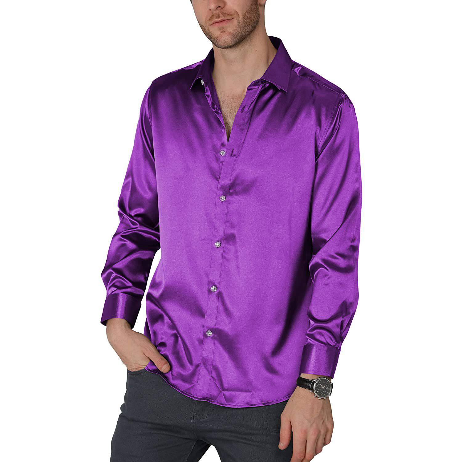 Men's Luxury Silk Dress Shirt Silk Casual Dance Party Long Sleeve Butt