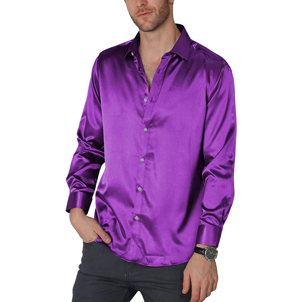 Men's Luxury Dress Shirt Slim Fit Silk Dance Party Sl
