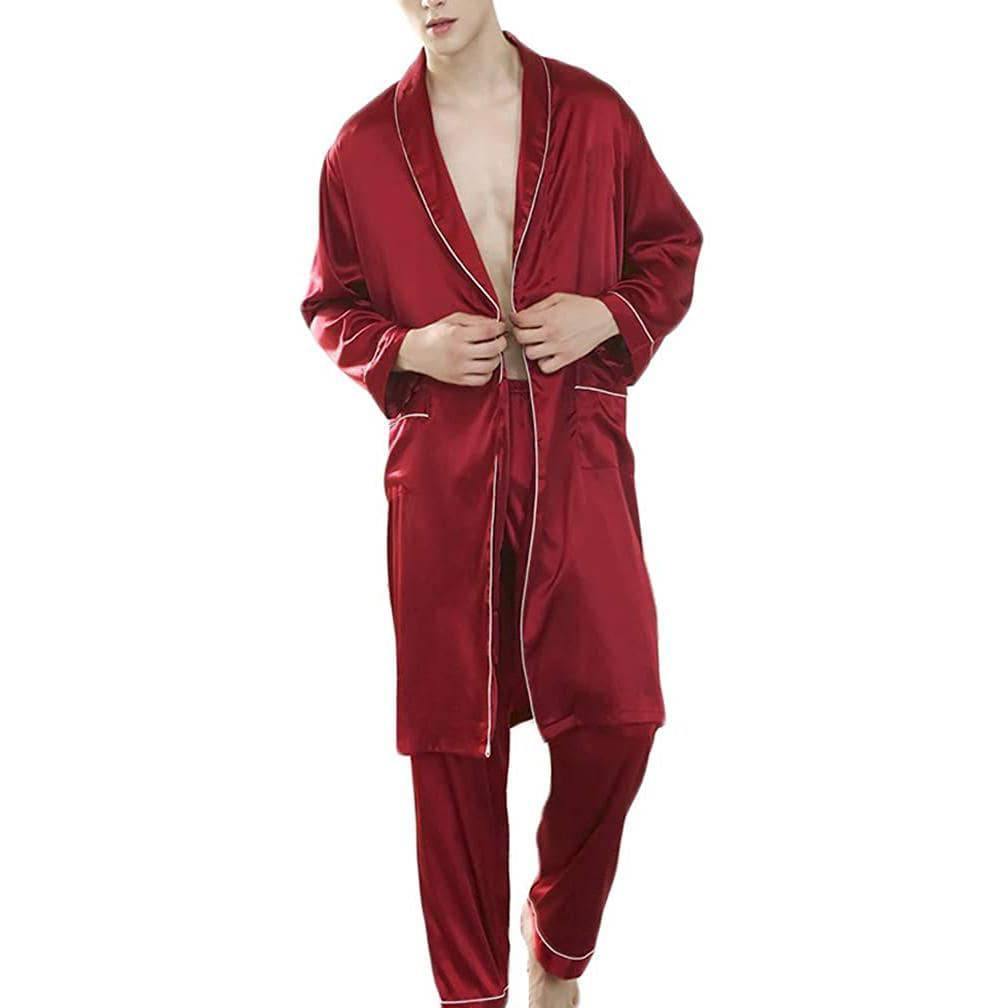 Men Silk kimono Robe for Men Silk Bathrobe Sleepwear Pajama Set with pants