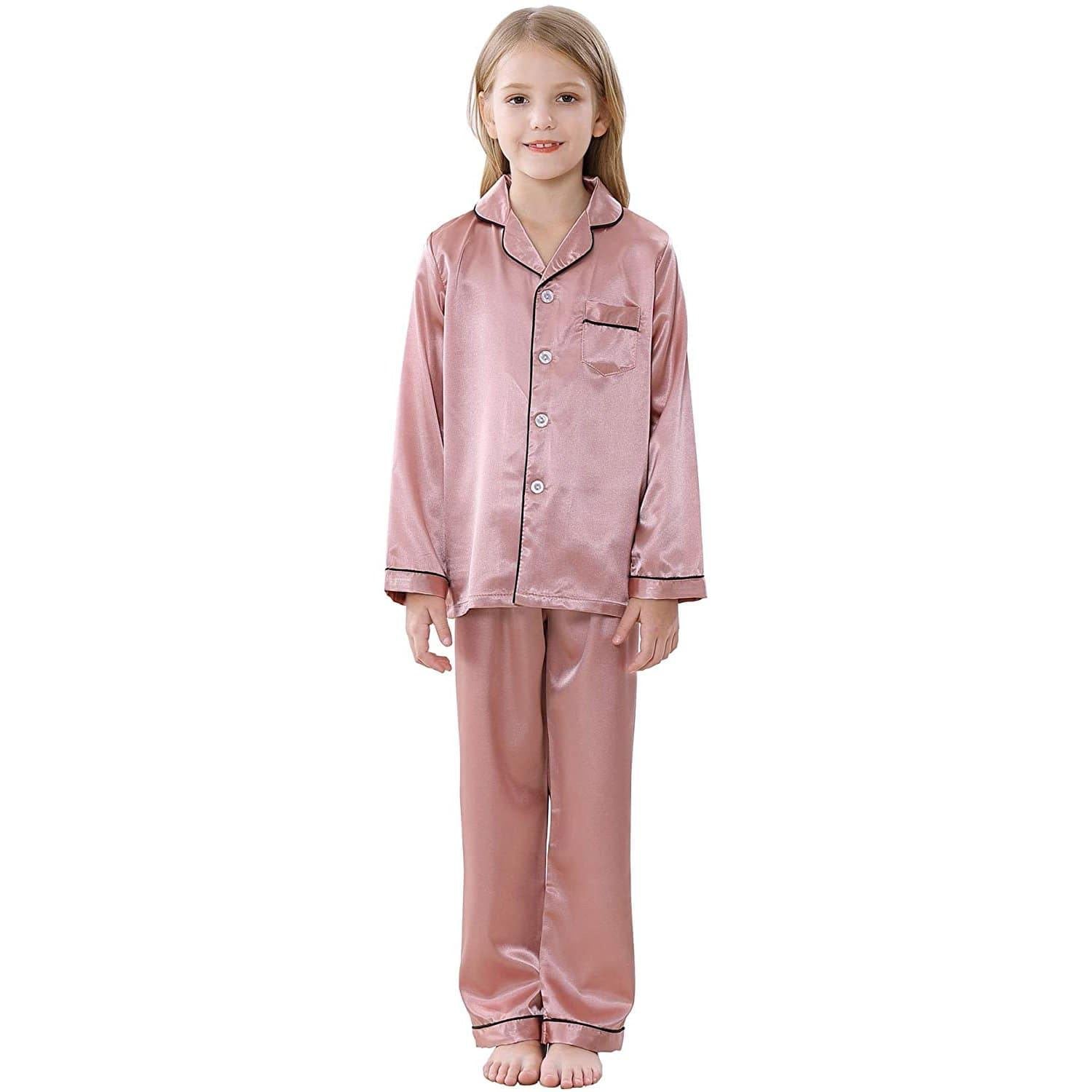Girl Silk Pajamas Set kids Silk PJS Long Sleeve Button-Down silk Sleepwear