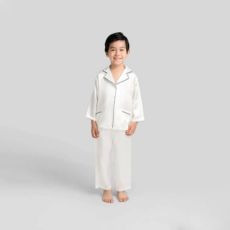 Boys Silk Pajamas Set Kids' Long Silk Pajamas with White/ Black Trimmi