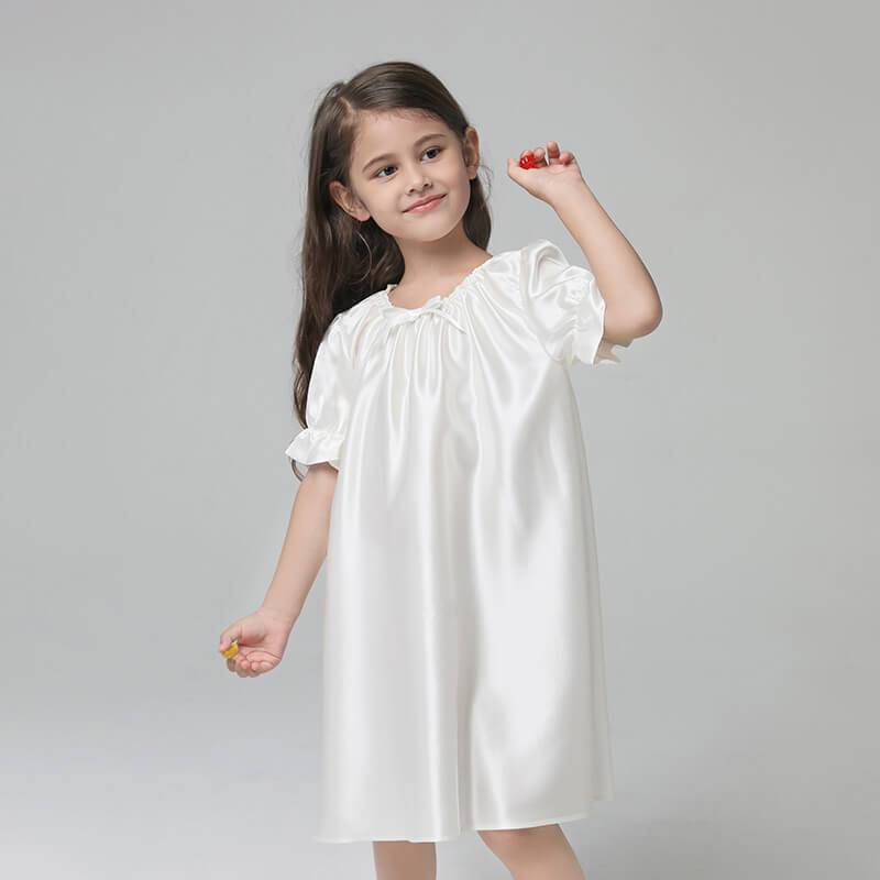 Girls Princess Silk Nightgown Luxury Round Neck Sleep Dress for Childr