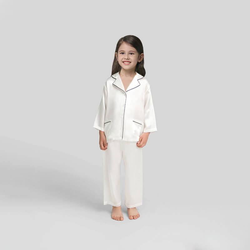 19 Momme Kid's Silk Pajamas Set Girls' Cute Long Sleeves Nighties with White Trimming -  slipintosoft
