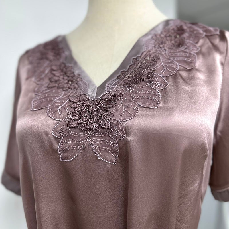 Soft Plum V-neck Short Sleeve Silk Lace Nightdress with Belt - slipintosoft