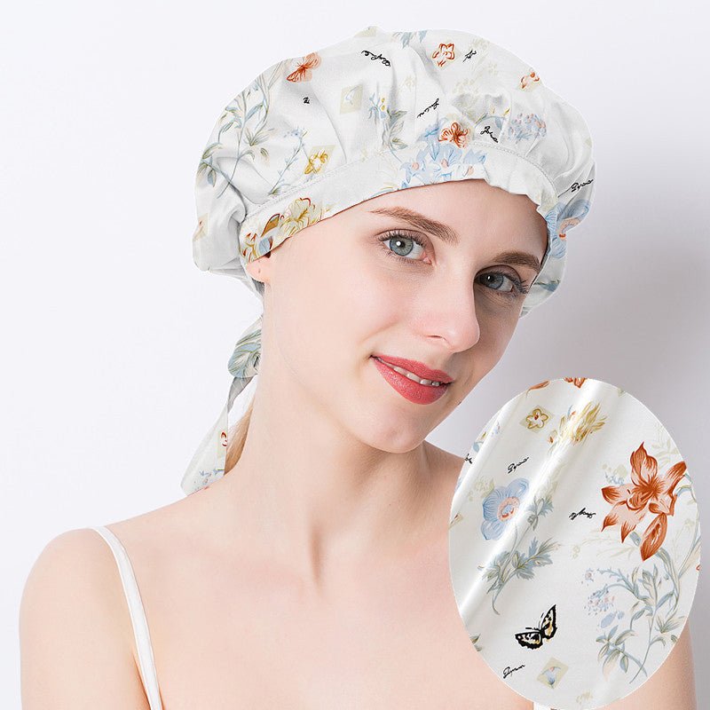 Floral Printed Silk Sleep Cap 19 Momme Silk Hair Wrapping Bonnet Silk Hair Cap For Sleeping Pleated Style