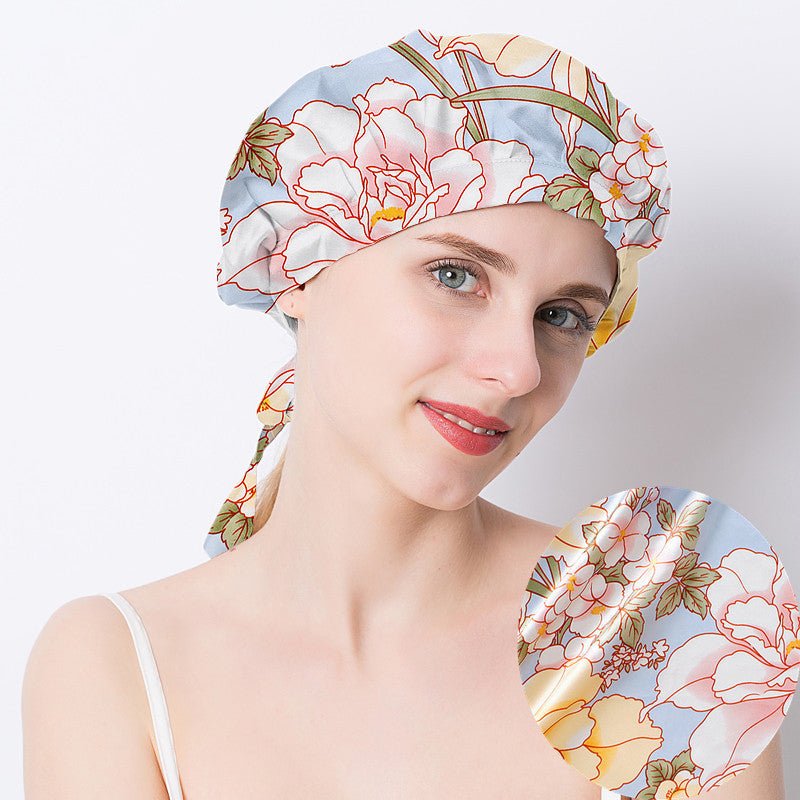 Floral Printed Silk Sleep Cap 19 Momme Silk Hair Wrapping Bonnet Silk Hair Cap For Sleeping Pleated Style