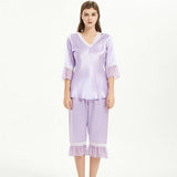 Summer Lavender Silk Pajama Set With Chiffon Ruffles