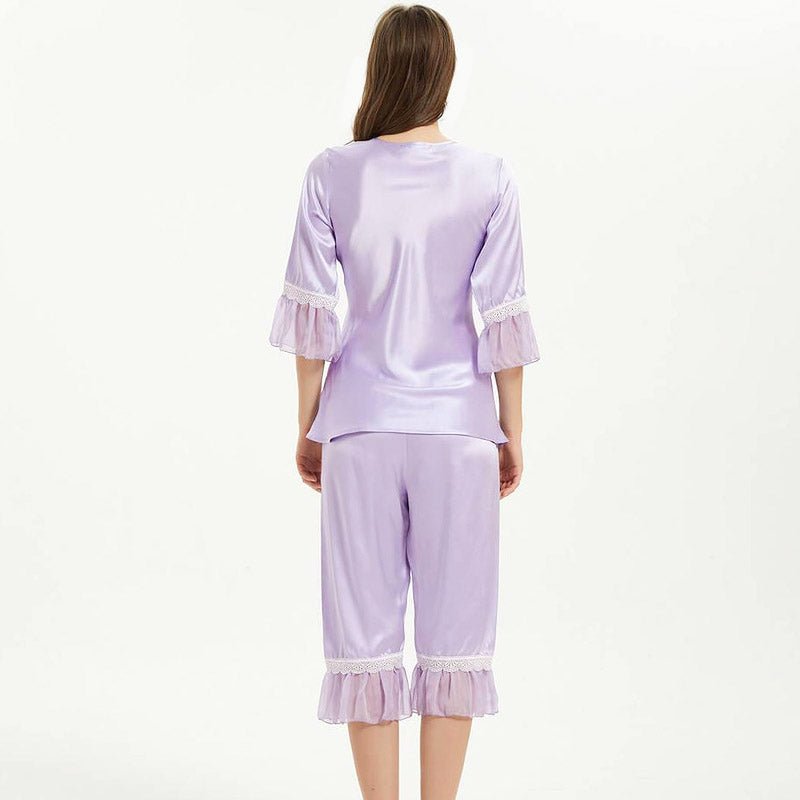 Summer Lavender Silk Pajama Set With Chiffon Ruffles - slipintosoft