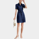 Summer Short Sleeves Silk Dresses 100% Pure Mulberry Silk Shirt Dress Ladies Button Dress - slipintosoft