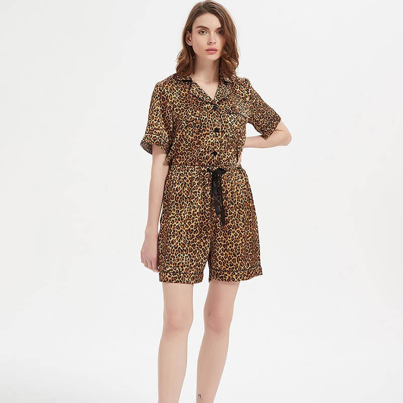 Two-piece Leopard Printed Silk Pajama Shorts Set - slipintosoft
