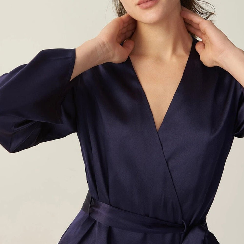 V Neck Short Mulberry Silk Long Sleeve 100% Pure Silk Night Robe With Belt For Women - slipintosoft
