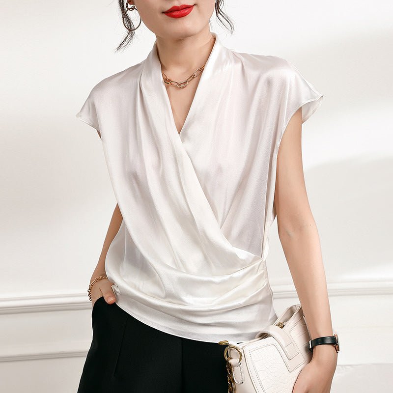 slipintosoft Versatile Ladies Silk Sleeveless Blouse 100% Mulberry Silk Cowl Collar Tops Black / Xs