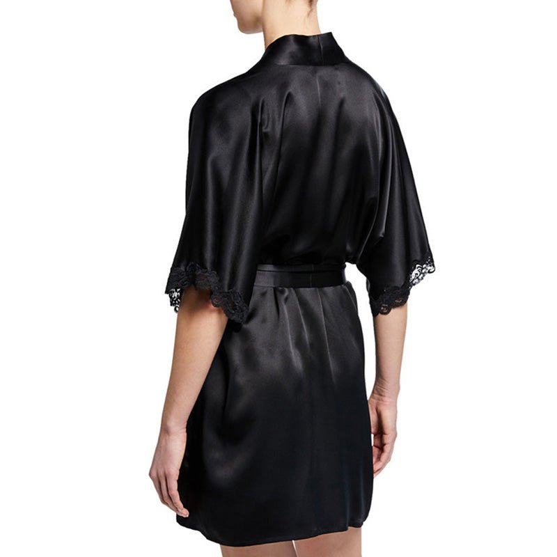 Women Black Mulberry Silk Mid-sleeve Robe With Lace - slipintosoft