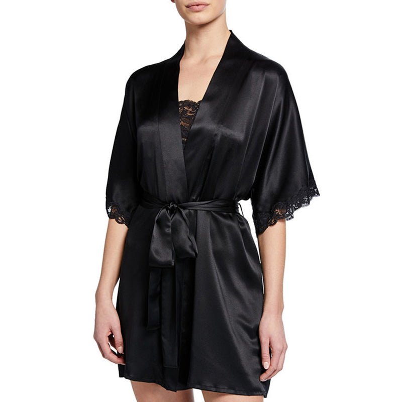 Women Black Mulberry Silk Mid-sleeve Robe With Lace - slipintosoft