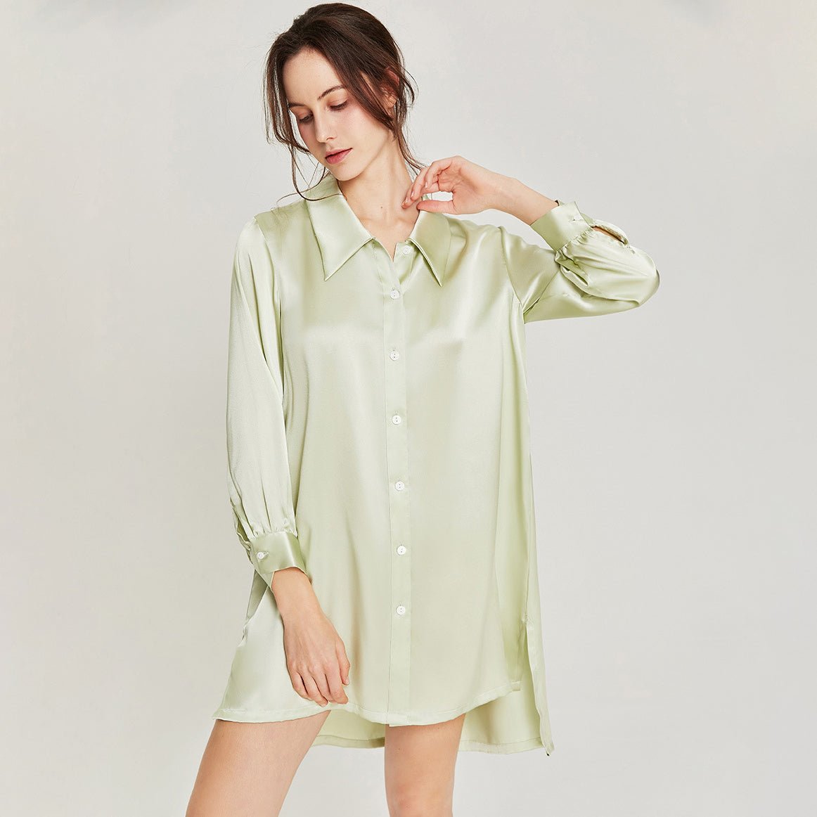 Womens Silk Sleep Shirt Silk Long Sleeve Nightshirt Button Down