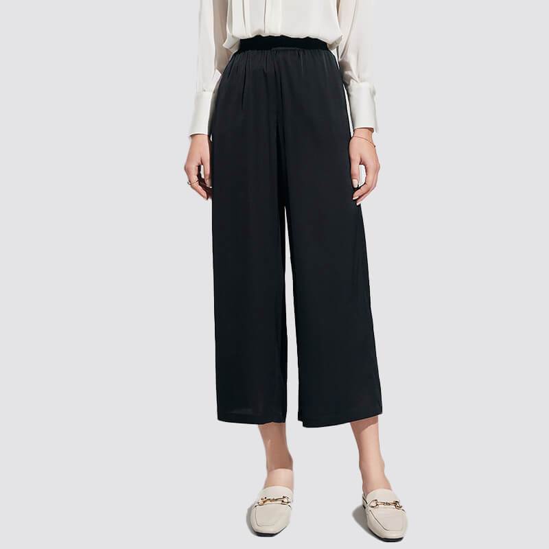 Women Mulberry Silk cropped pants Long Wide-leg Silk trousers