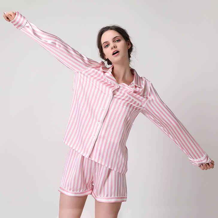22 Momme Women Soft Pajamas With Pink And White Stripe Pink And White  Stripes XXL