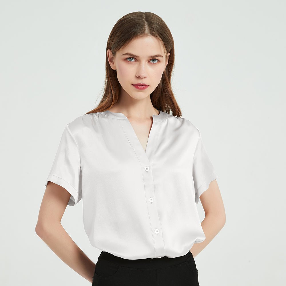 Women's Short Sleeve Button Down Collar Shirt, White