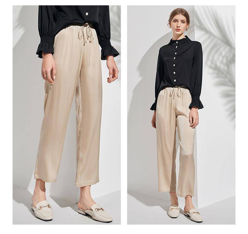 Women Silk cropped pants Long Wide-leg Mulberry Silk trousers