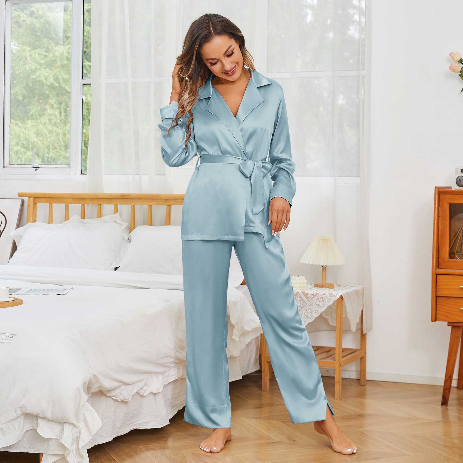Women Silk Robe And Pajama Set Long Sleeve Silk Sleepwear - slipintosoft