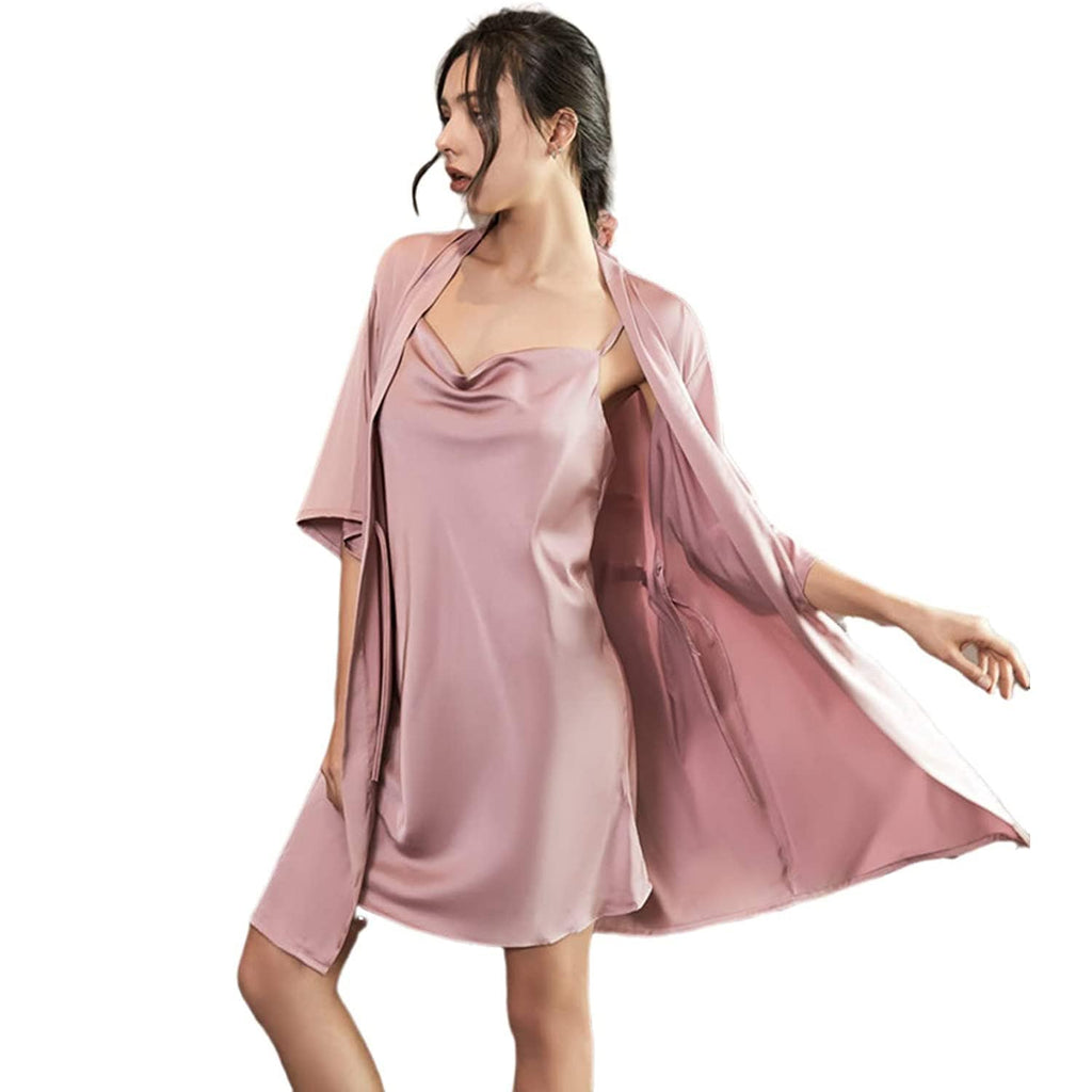 Women Two Pieces Silk Nightgown Robe Set - slipintosoft