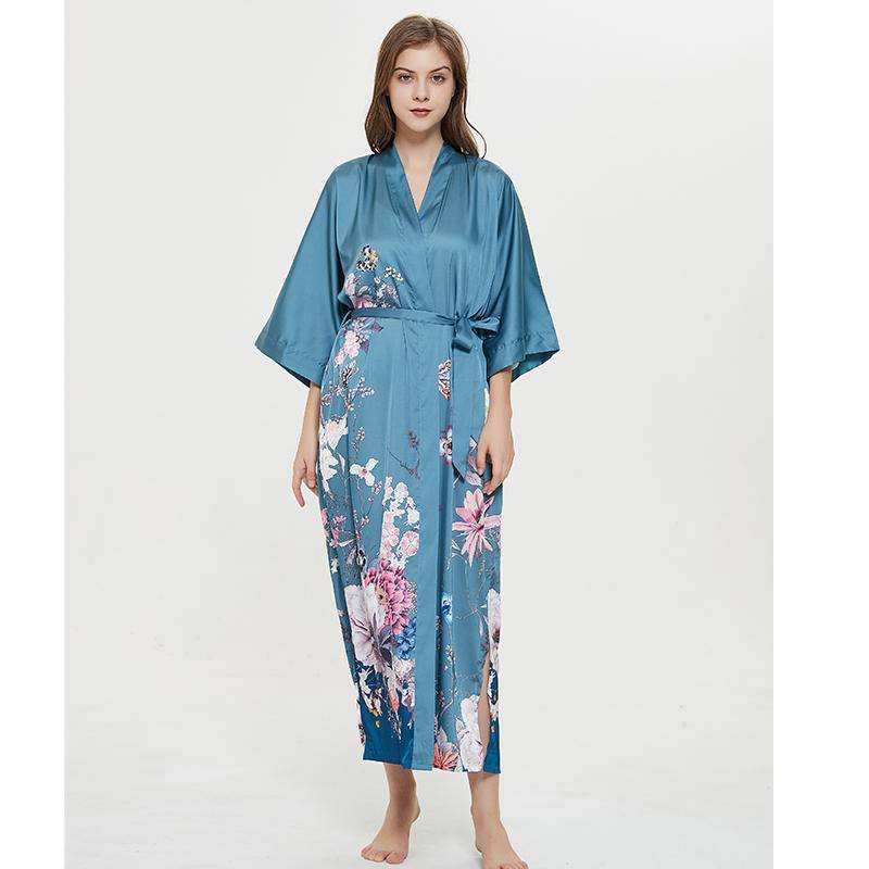 Women's 100% Silk Kimono Robe Blue Floral Printed 3/4 Sleeves Japanese Bath Robes All Sizes - slipintosoft