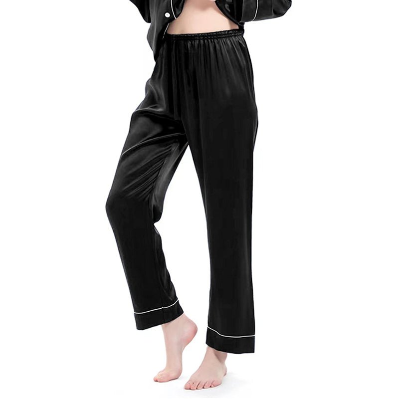 Women's Black Silk Pajama Pants with White Piping - slipintosoft