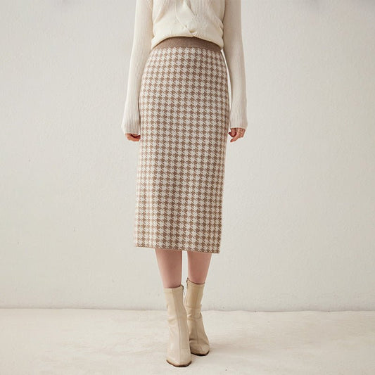 Women's Cashmere Midi Skirt Houndstooth Cashmere Dresses - slipintosoft