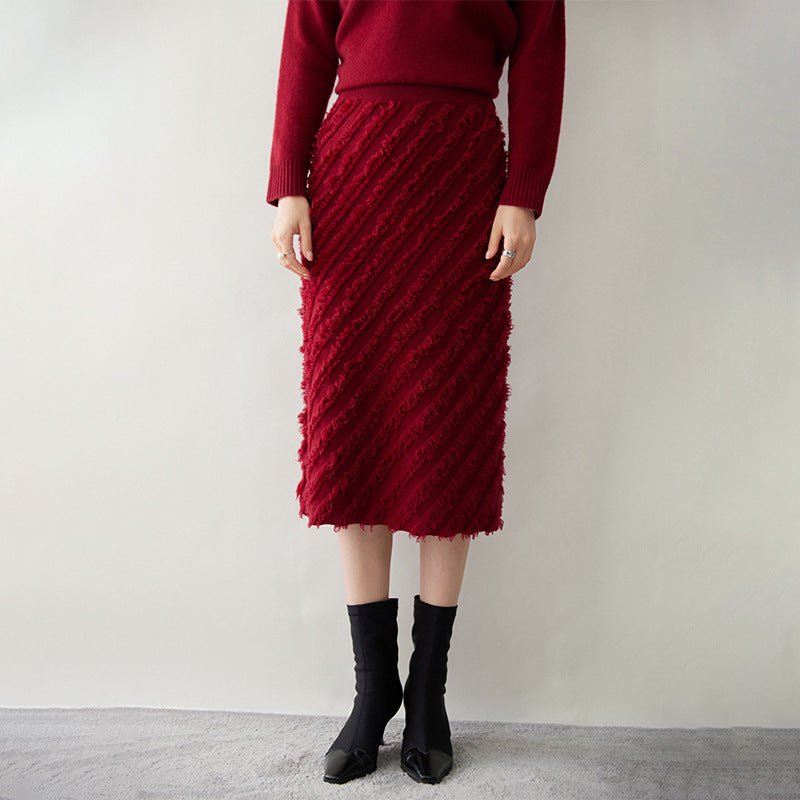 Women's Cashmere Midi Skirt with Tassels Knitted Cashmere Fitted Skirt Dresses - slipintosoft