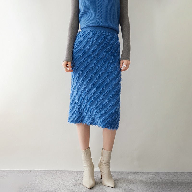Women's Cashmere Midi Skirt with Tassels Knitted Cashmere Fitted Skirt Dresses - slipintosoft