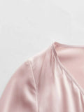 Women's Chic Wrap V-neck Long Sleeve Silk Blouse Pink Silk Shirt With Bell Sleeves - slipintosoft