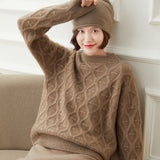 Women's Crewneck Cashmere Sweater Loose Argyle Knit Pullover Tops - slipintosoft
