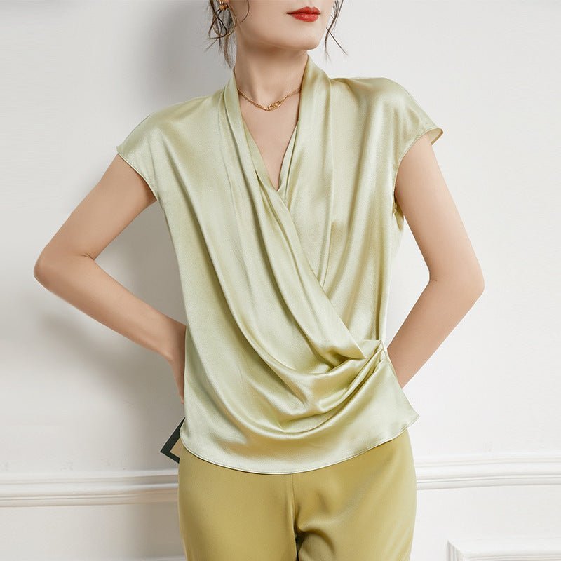 Women's Dark Grey Short Sleeve Silk Wrap Blouse - slipintosoft