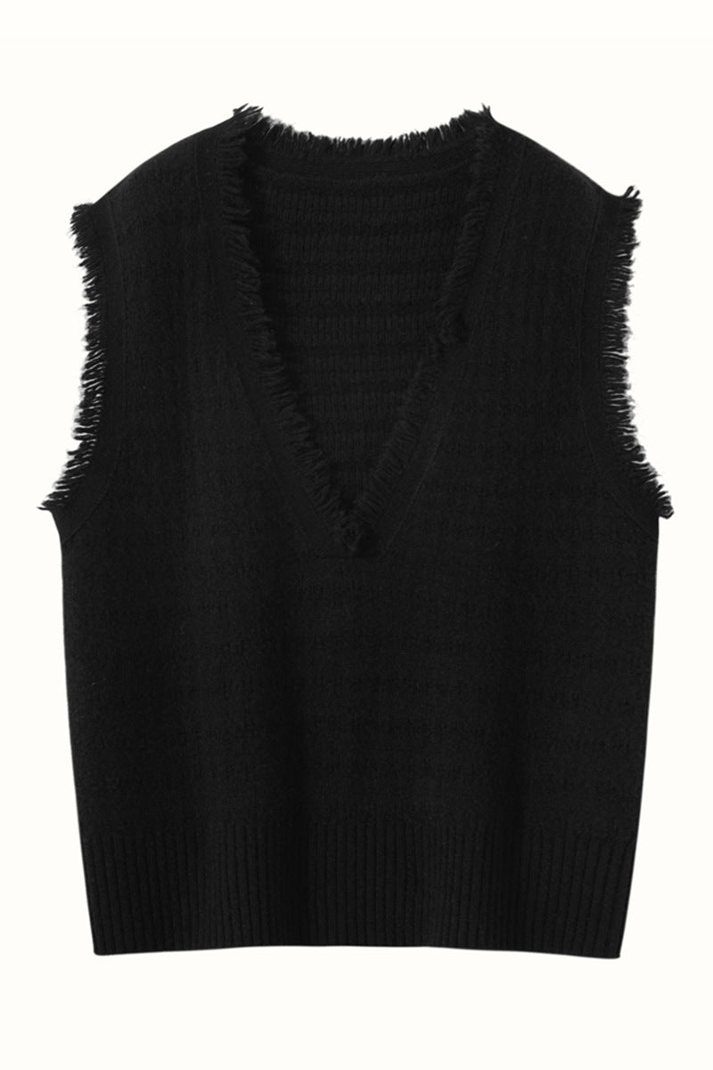 Women's Deep V Necked Cashmere Tank Tops Knitted Cashmere Vest with Tassels - slipintosoft