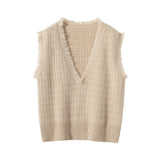 Women's Deep V Necked Cashmere Tank Tops Knitted Cashmere Vest with Tassels - slipintosoft