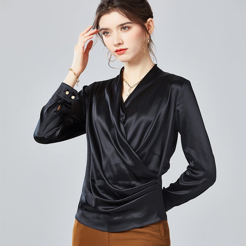 Womens Elegant Silk Blouse 100% Mulberry Silk Long Sleeves V Neck Top - slipintosoft