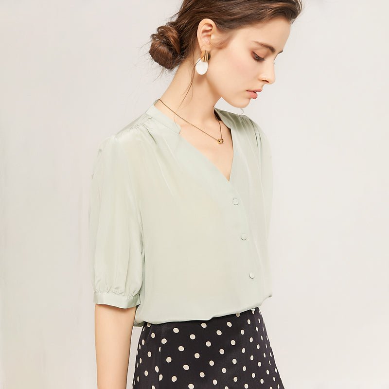 Womens Fresh Elegant Silk Blouse 100% Mulberry Short Sleeves Silk Shirt Casual Office Work Tops - slipintosoft