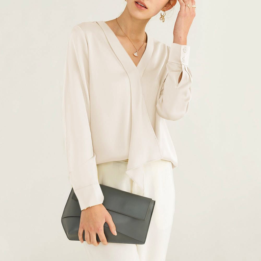 Women's Ivory V-neck Ribbon Long Sleeve Silk Blouse Button Front Silk Shirt - slipintosoft