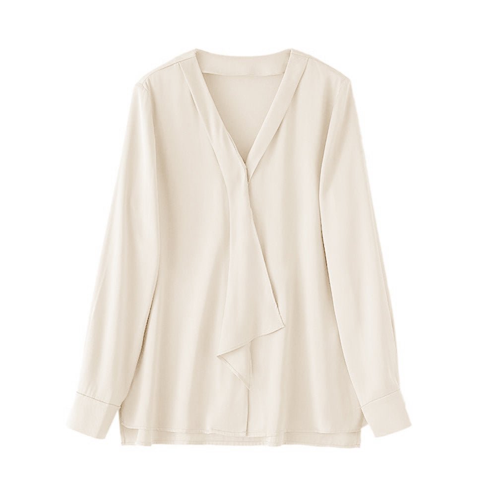 Women's Ivory V-neck Ribbon Long Sleeve Silk Blouse Button Front Silk Shirt - slipintosoft