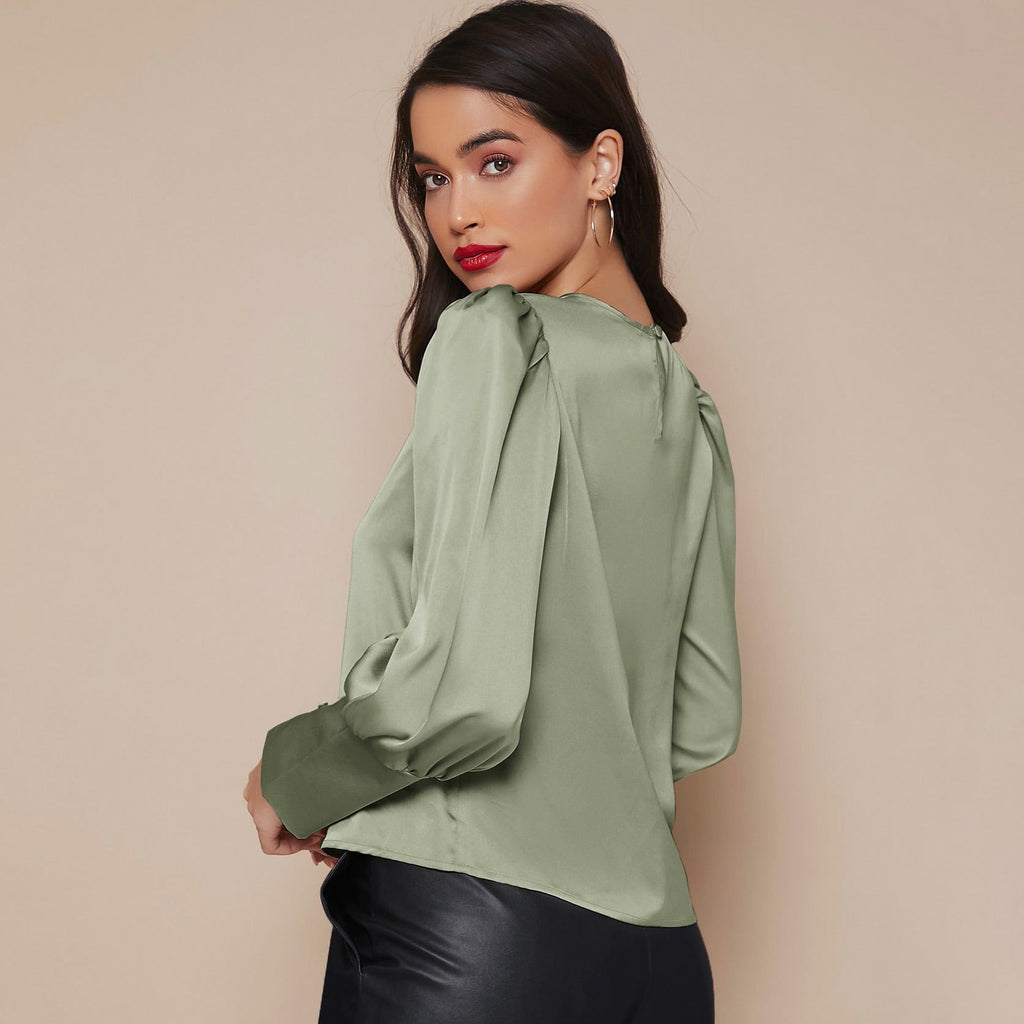 Women's Lantern Sleeve Silk - Mulberry Long Sleeves Silk Shirt
