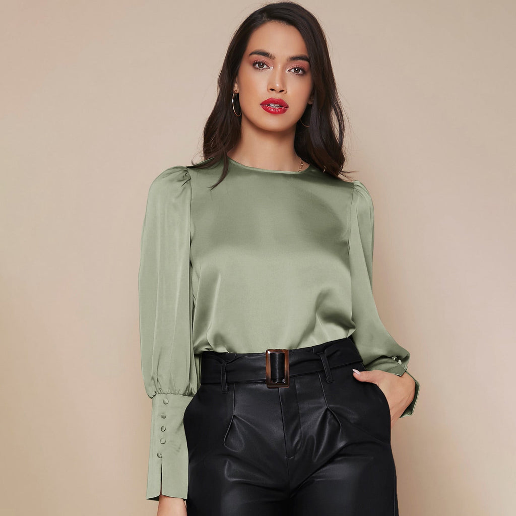 Women's Lantern Sleeve Silk - Mulberry Long Sleeves Silk Shirt
